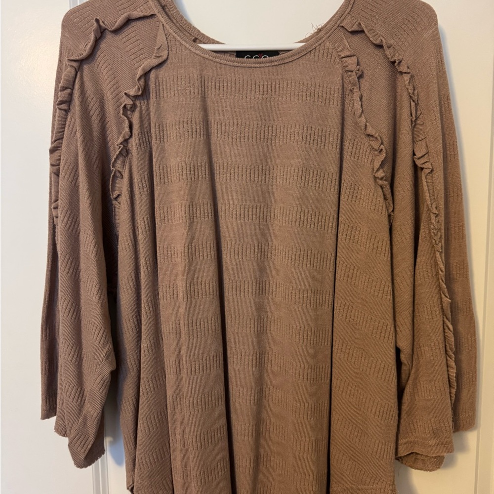 Brown Ruffled Crew Neck Sweater with Relaxed Fit